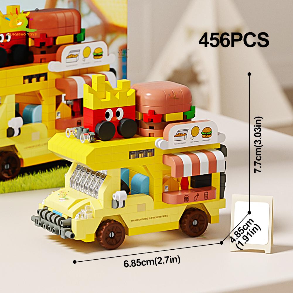 HUIQIBAO Street Food Car Model Micro Building Block MOC Flower Store truck Bricks Set Cute Ornament Decoration Toy for Kid Girl