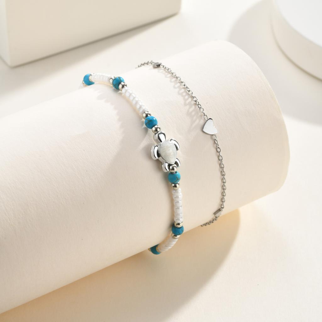 Heart Anklet Set for Women Stainless Steel Turtle Non-tarnish Waterproof Summer Beach Vacation Jewelry