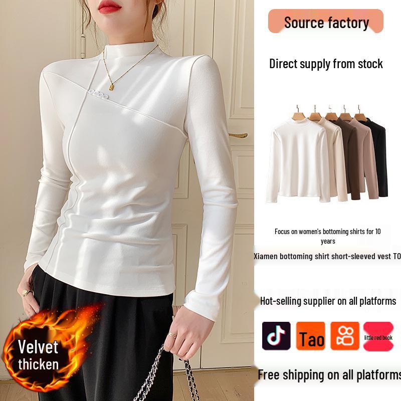 Women's Fleece-Lined Semi-High Neck Long-Sleeve Slim Fit Base Layer for Autumn/Winter
