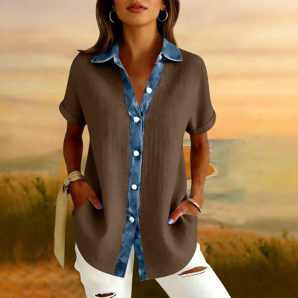 Womens Fashion Color Lapel Short Sleeved Denim Patchwork Button Up Shirt Loose Top