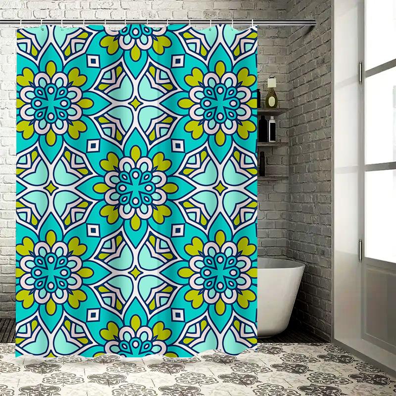 Blau Grün Blumenmuster Duschvorhang Wasserdichter Badezimmerteppich Dekoration für Badezimmer 180x243cm Blau Gelb Floral Dekorativer Sho