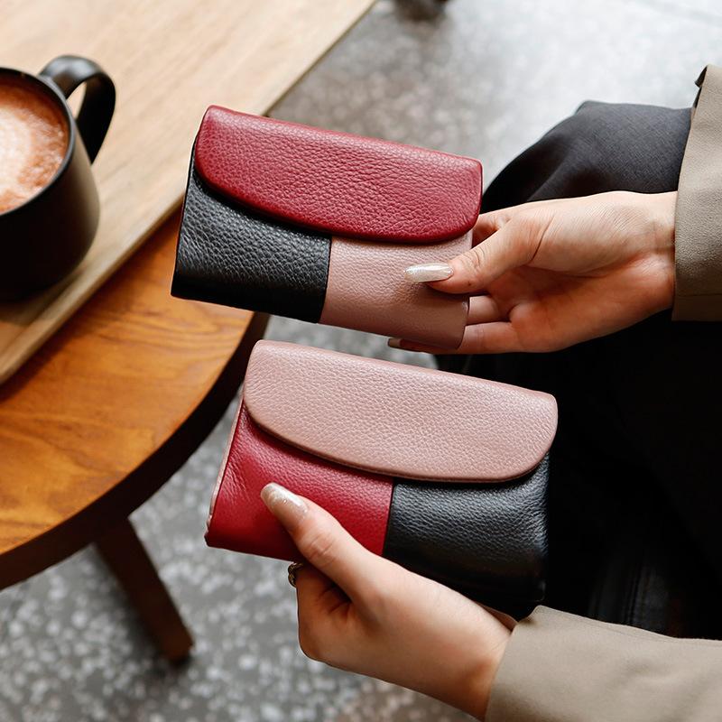 2026 Leather Women's Color-blocked Wallet, Large Capacity Top Layer Cowhide Wallet, Short Clutch