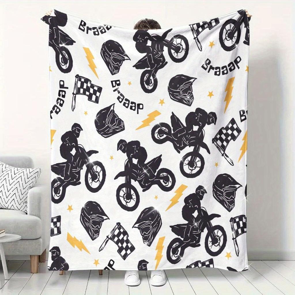 1pc Motocross-themed Printed Blanket, Polyester Fabric, Machine Washable, Suitable for Bedroom and Living Room Decoration