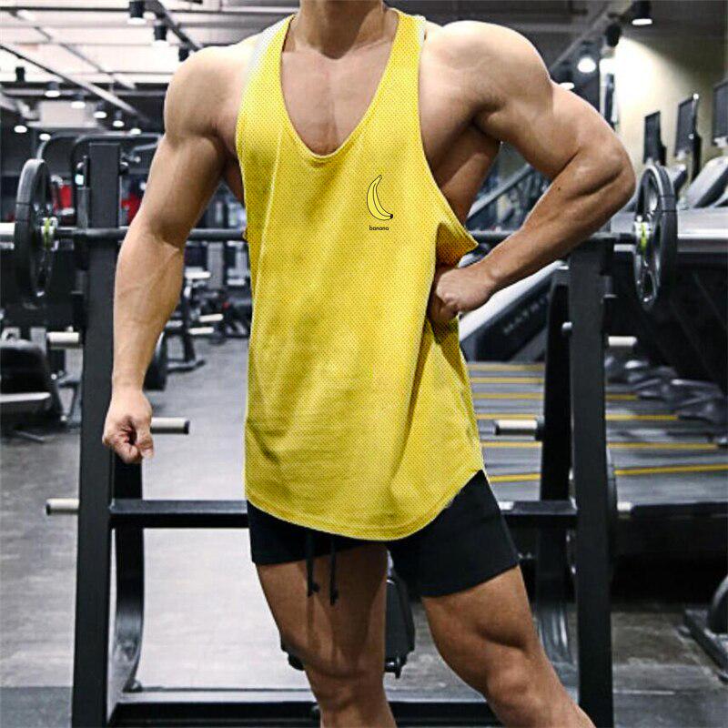 Muscleguys Banana Printed Mens Mesh Yback Training Wear Tank Tops Vneck Sports Causal Fashion Vest Singlets Gym Sleeveless Top Men