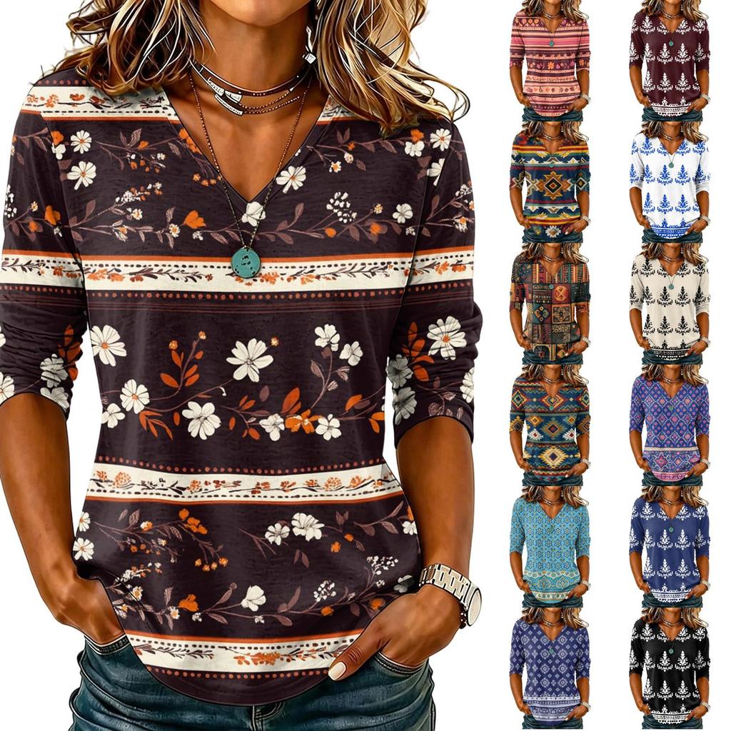 Damen V-Ausschnitt Bohemian Print Top Lässige Langarmbluse Leicht Locker Geschnittenes Hemd für den Alltag