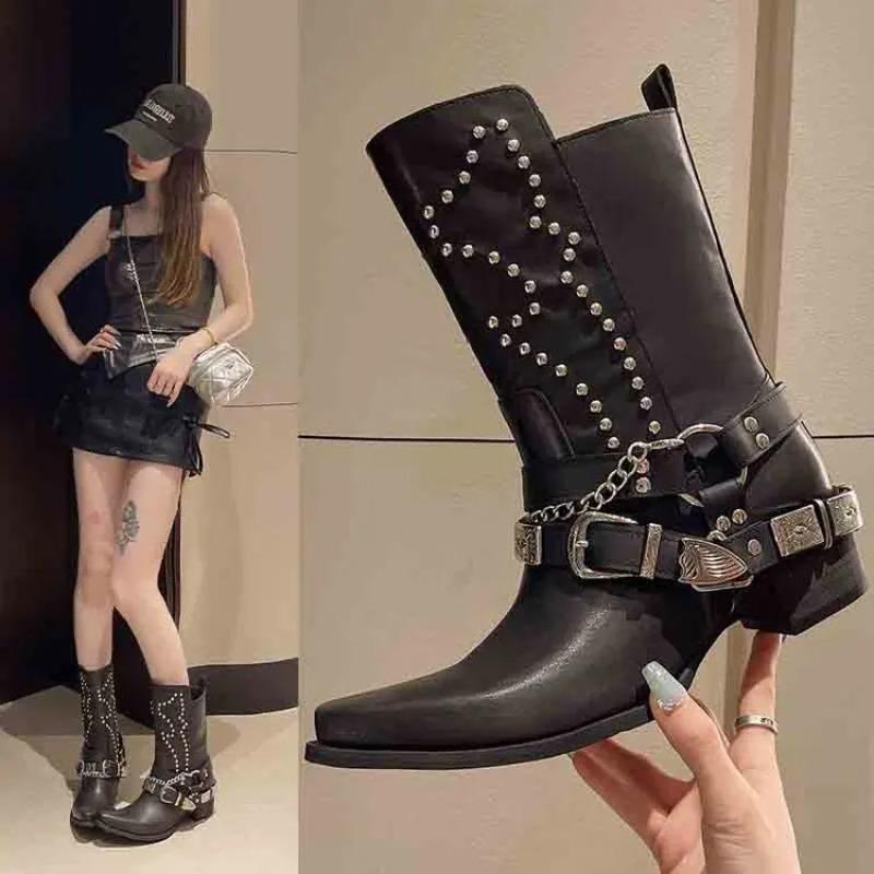 Sapatos Mulher Botas Rasas Chelsea Rebites Bico Redondo Cano Baixo Rock Tornozelo Bico Fino Preto Cowboy Borracha Senhoras Filigrana Montaria Cadarço Slip-O