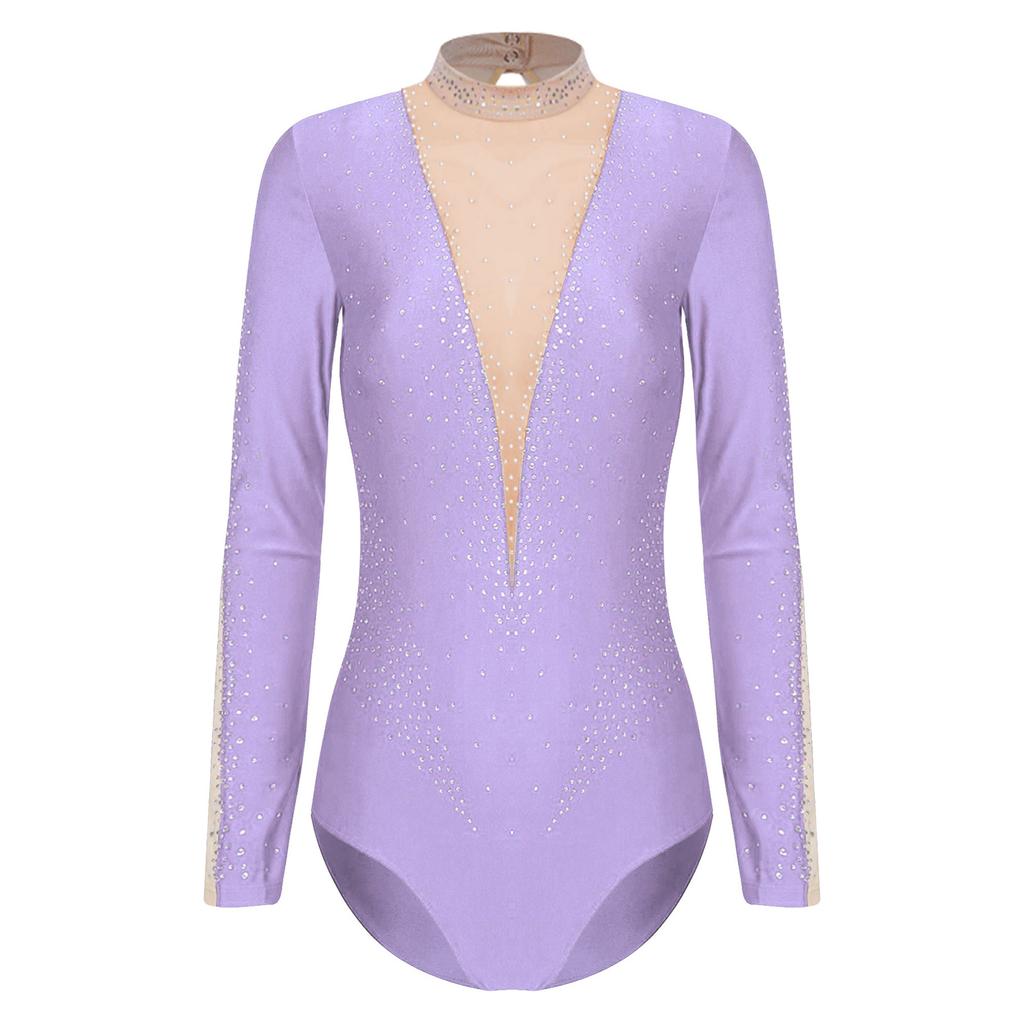 Dame Gymnastikk Ytelsesdrakt Glitrende Rhinestones Gjennomsiktig Mesh Lange Ermer Kunstløp Bodysuit