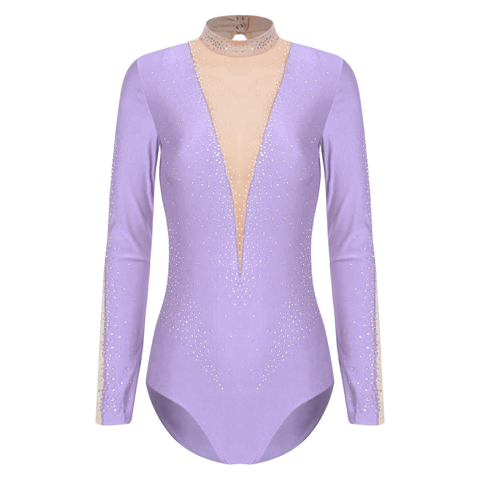 

Жіночий гімнастичний костюм для виступів, блискучі стрази, прозора сітка, довгий рукав, боді для фігурного катання S світло-фіолетового кольору