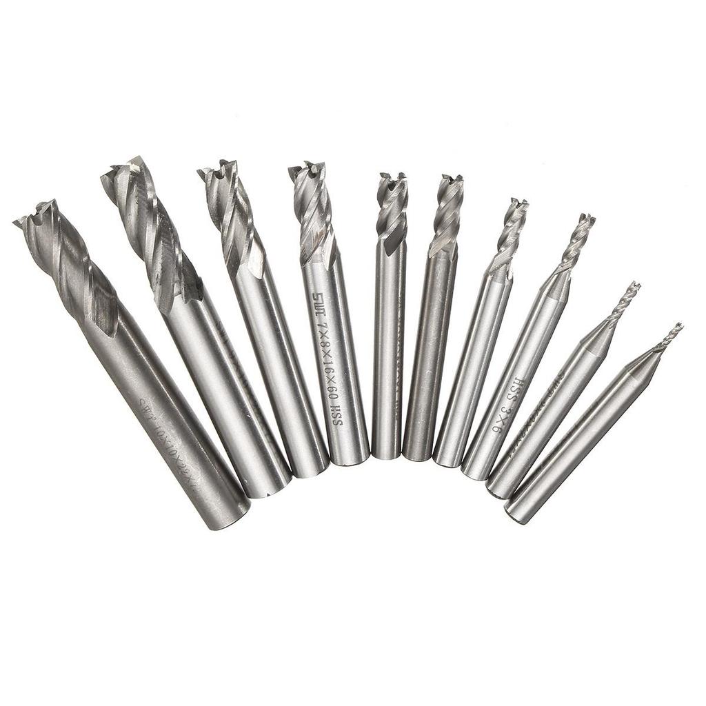 10pcs 1.5-10mm HSS Straight Shank 4 Flute End Mill Cutter CNC Drill Bit Tool Set