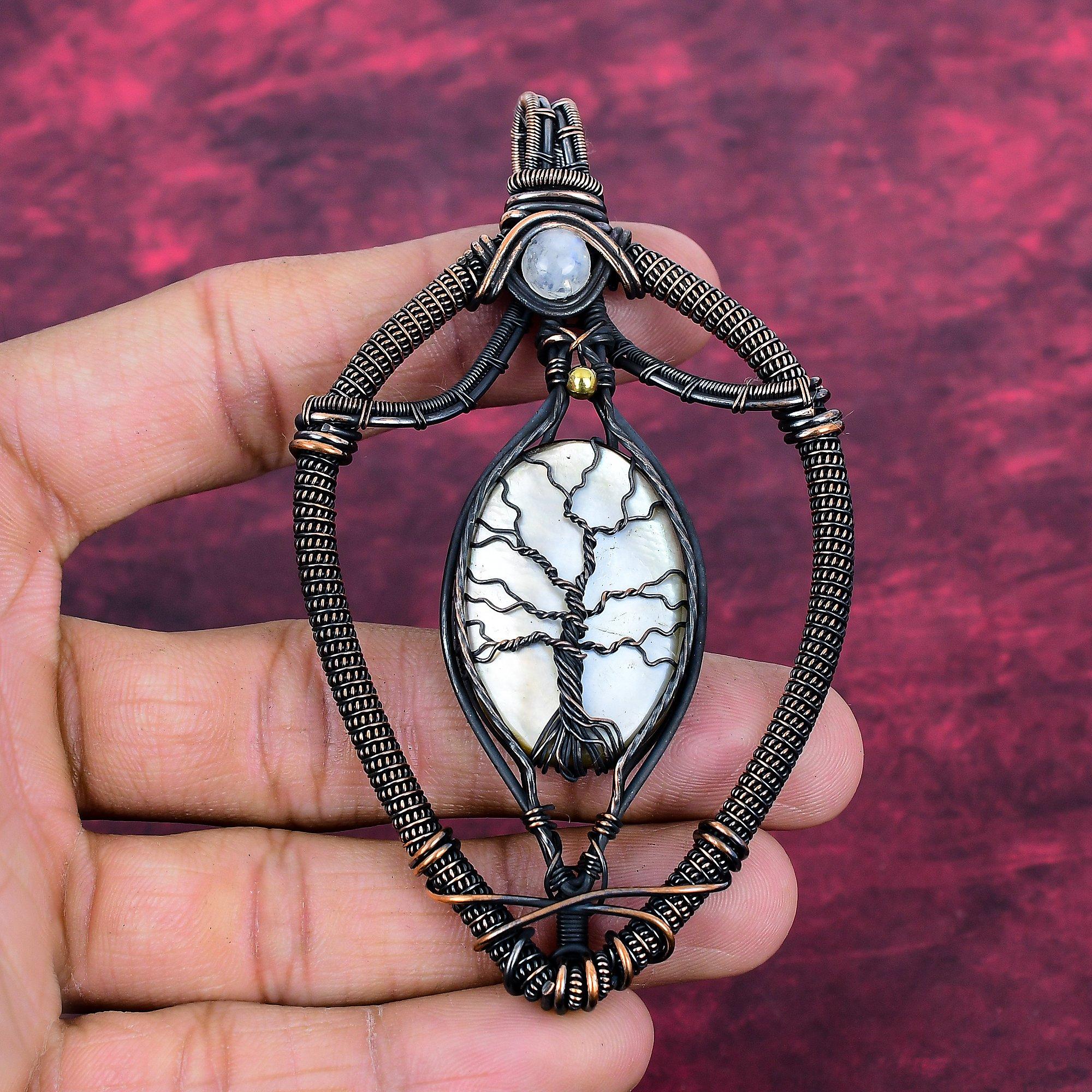 Tree Of Life Black Mother Of Pearl Pendant Copper Wire Wrapped Jewelry Rainbow Moonstone Pendant