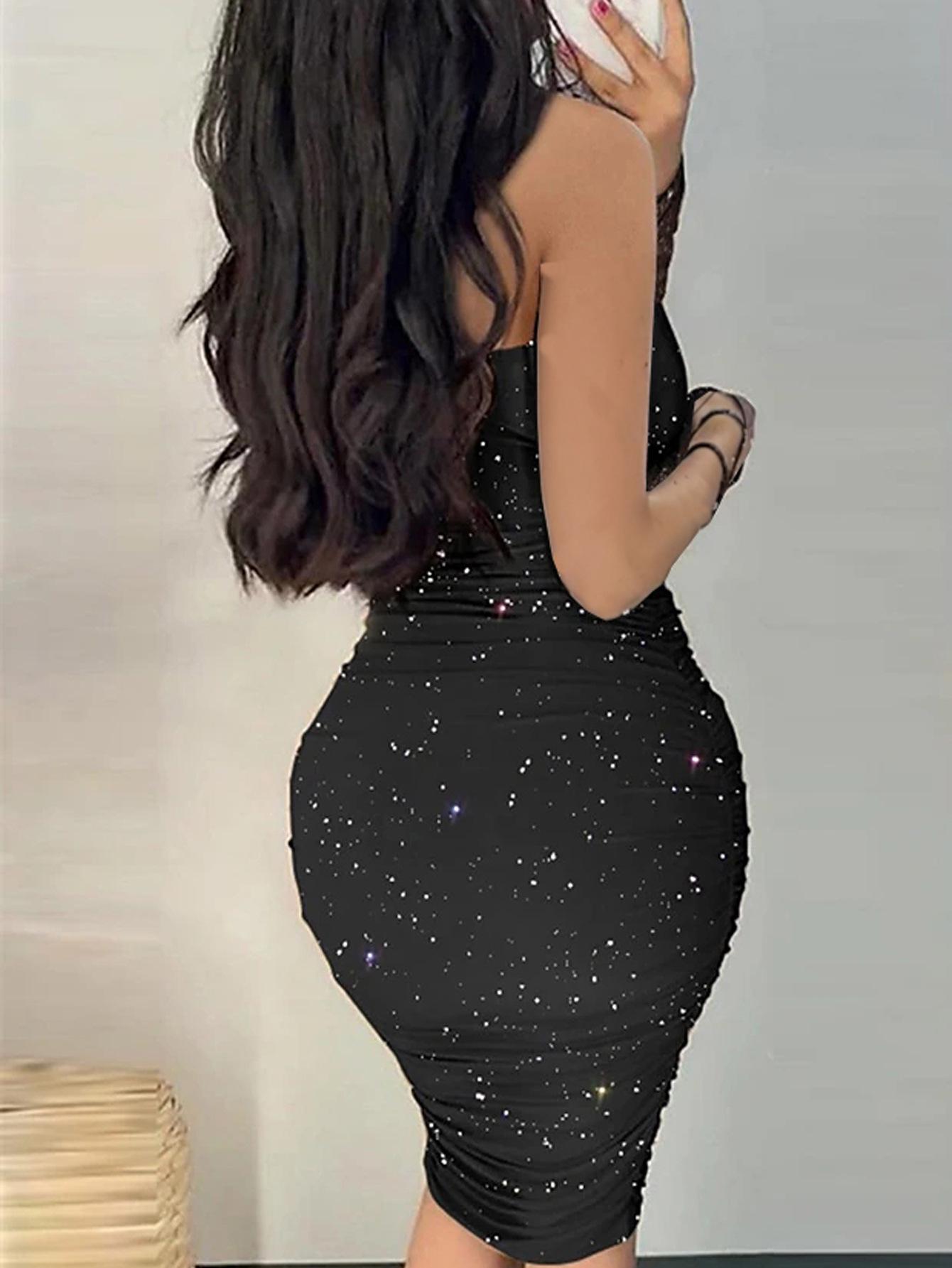 Women s European and American Rhinestone Fishbone Bodycon Evening Dress Small чёрный