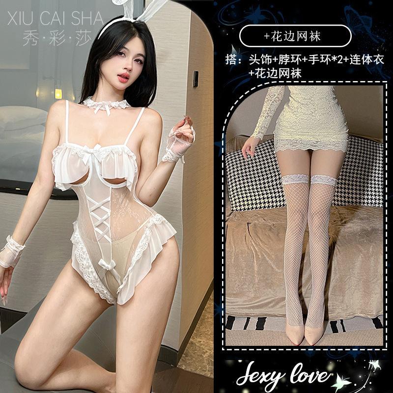 Sex lingerie sexy breasts cute playful bunny uniform temptation open lace onesie hair