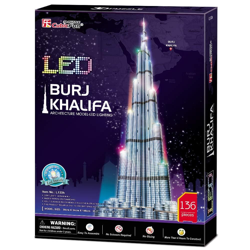 ASSYME Cubic Fan 3D Puzzle Craft Kit, Burj Khalifa (with LEDs), L133h, No Glue or Tools Required