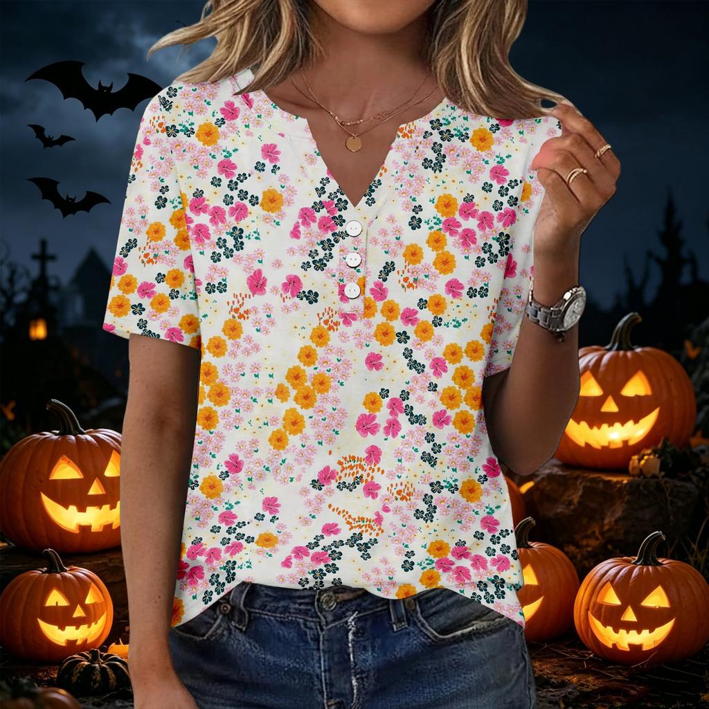 Women's Halloween Printed V-Neck Short Sleeve T-Shirt with Pocket, Loose Fit
