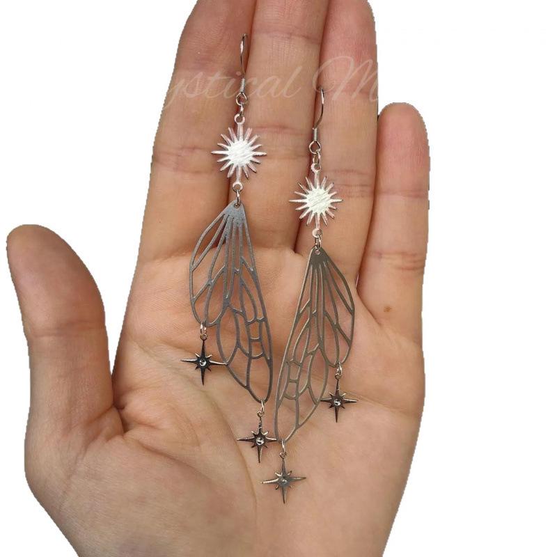 Cross-border Silver Earrings: Sun, Moon & Star Fairy Wings Design