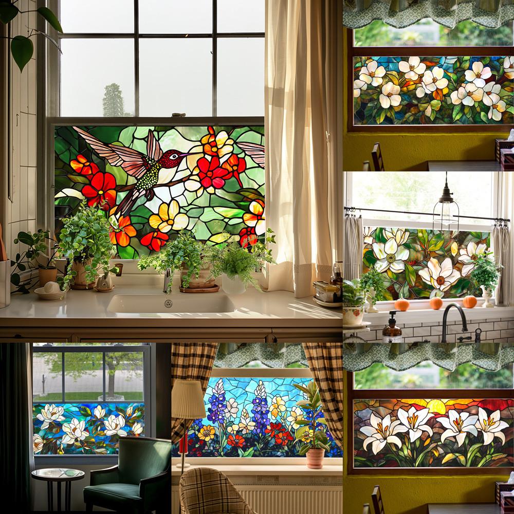 Floral Pattern Pvc Static Cling Window Film With Removable Design For Living Room Decor
