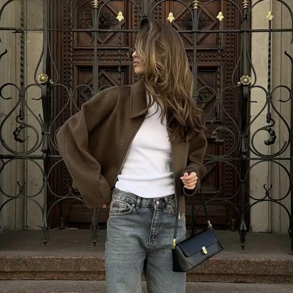 Wool Blended Jacket for Women Fashion Autumn Winter New Long Sleeved Lapel Zip Pocket Warm Woolen Jackets Short Coats