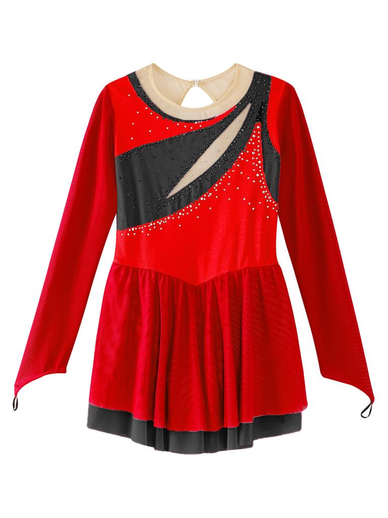 Dětské Dívčí Color Block Dance Dress Třpytivé drahokamy Průsvitná síťovina Dlouhý rukáv Klíčová dírka na zádech Šaty na krasobruslení
