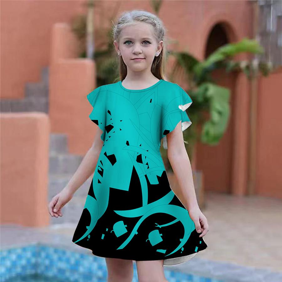 Dívčí tmavě modré šaty s křivým potiskem Dětské Dívčí společenské šaty Volný střih Volný střih sukně s krátkým rukávem pro dívky starší čtyř let
