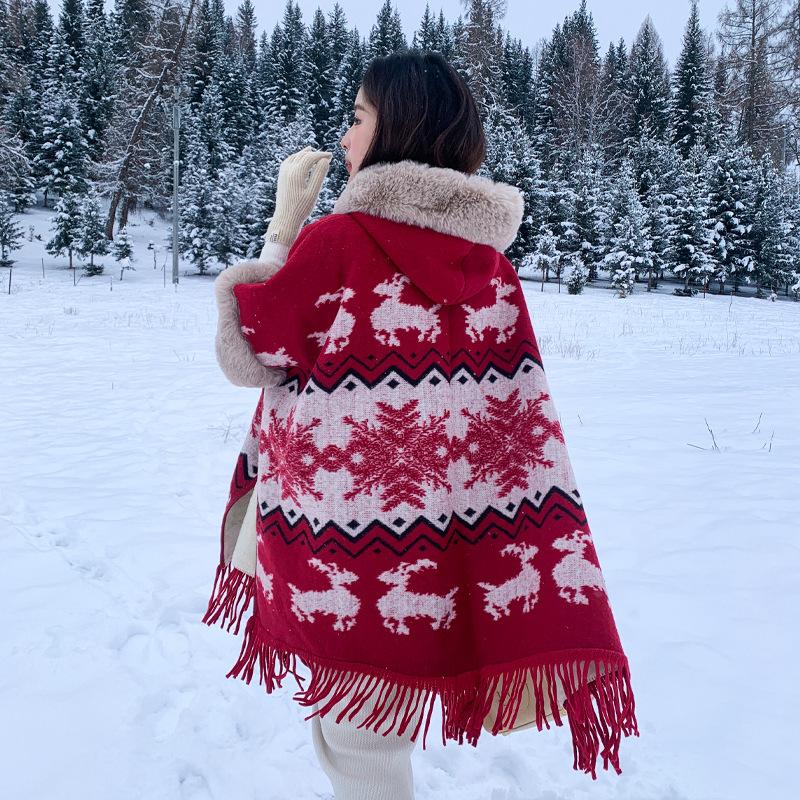 Tassel Thickened Fleece Plaid Shawl Cloak Retro Imitation Rex Rabbit Hair Collar Hooded Jacket Cloak