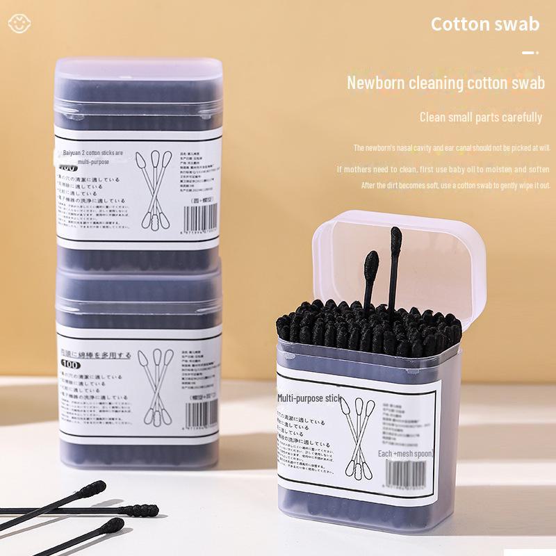 Boxed Black Double-Headed Spiral Cotton Swabs for Ear Cleaning