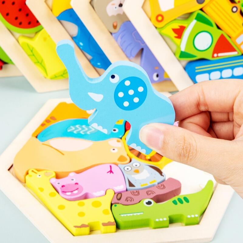 Wooden 3D Puzzle Blocks Montessori Educational Toy Animals Vehicles Fruits Themed Cognitive Development Toddler Brain Game Safe Kids Learning Toy