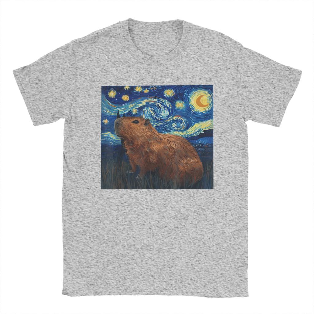 Fashion Capybara Van Gogh Style Starry Night T-Shirts Men Crew Neck 100% Cotton T Shirt  Short Sleeve Tee Shirt Summer Tops