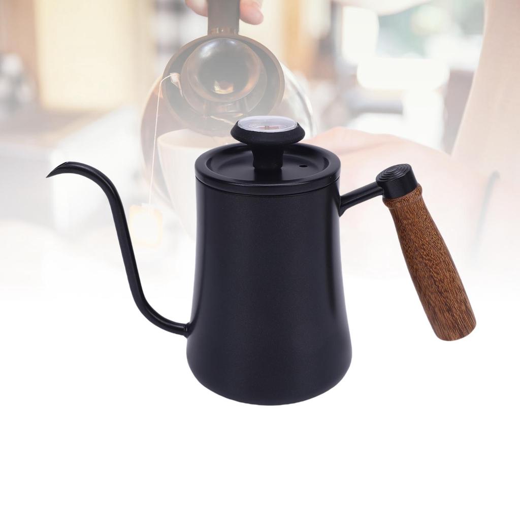 600ML Coffee Brewing Pot 304 Stainless Steel Water Pot with Temperature Meter Wood Handle   Spout
