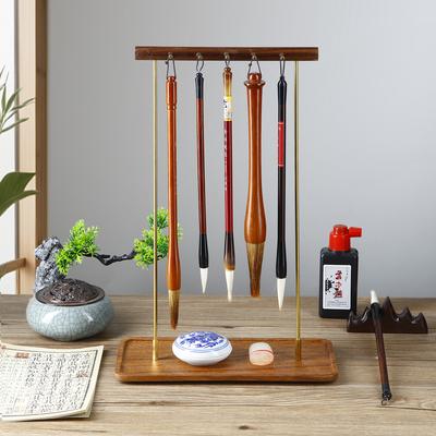 Walnut Chinese Brush Pen Holder with Walnut Base Wooden Calligraphy Rest Ink Hanger 5 Needles Writing Brush Holder