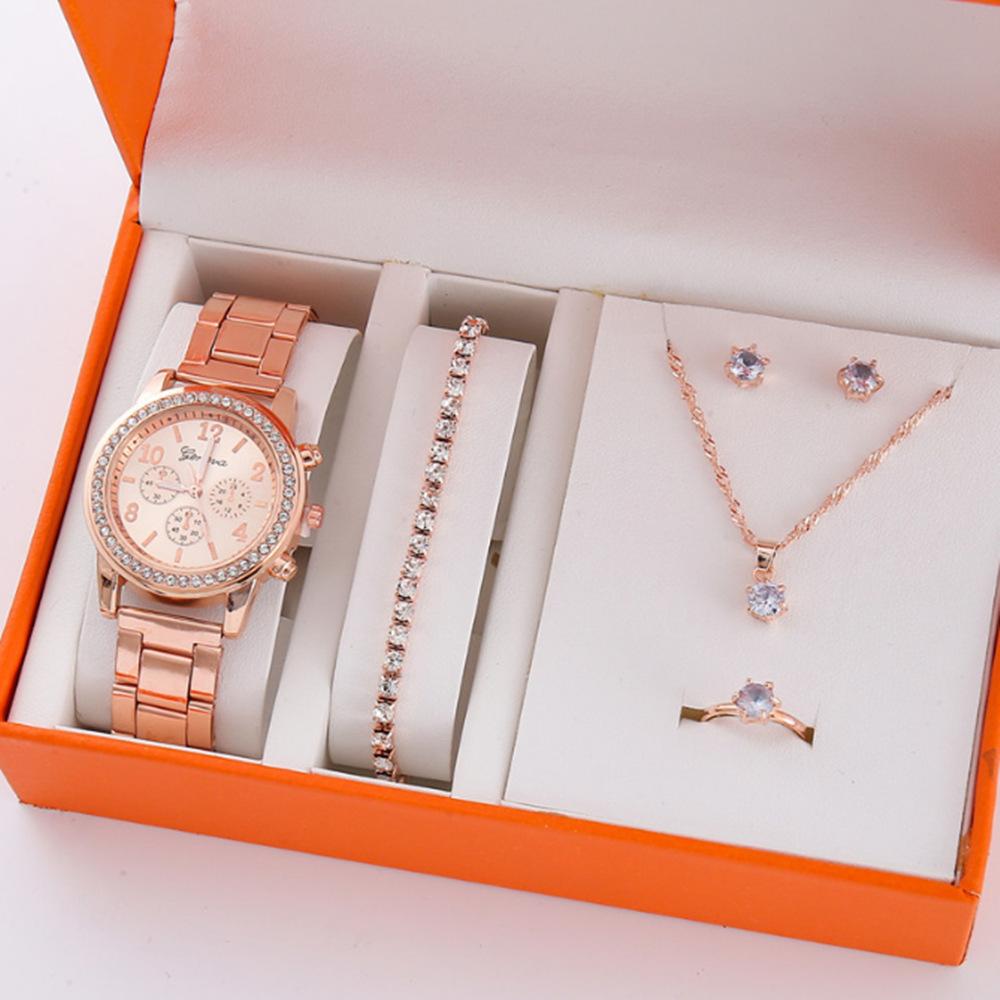 Popular Five-Piece Women'S Watch Three-Eye Set Quartz Diamond-Encrusted Watch Gift Bracelet Watch
