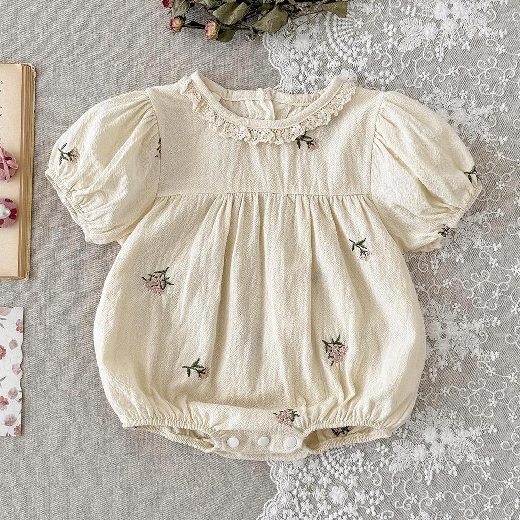 Korean Baby Girl Embroidered Lace Romper - Summer Short Sleeve Bodysuit
