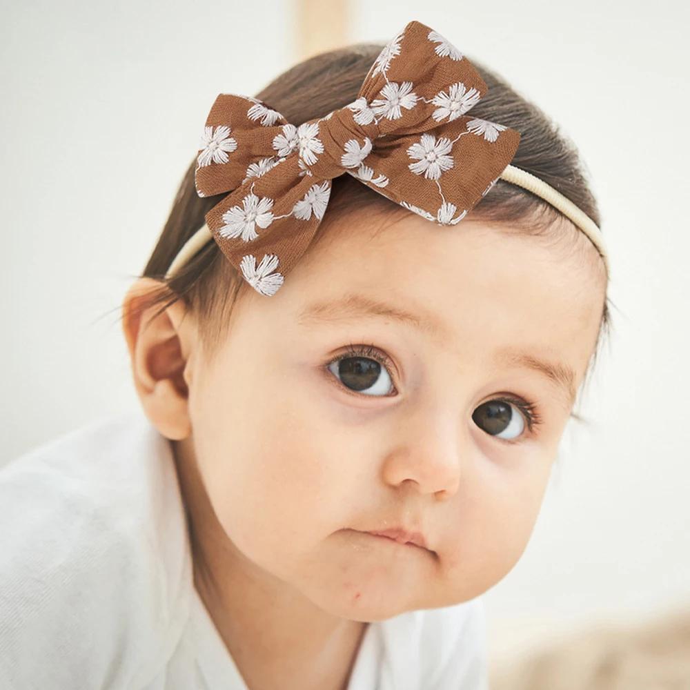 10/12pcs 3.54'' Embroidered Print Bowknot Hair Clips for Baby Girls Cotton Bows Hairpins Barrettes Headwear Hair Accessories