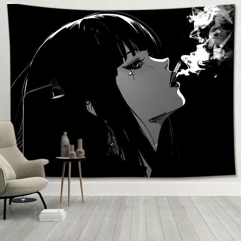 Emo Aesthetic Tapestry Wall Art Gothic Line Art Sad Girl Smoking for Indie Bedroom Studio Decor Dorm