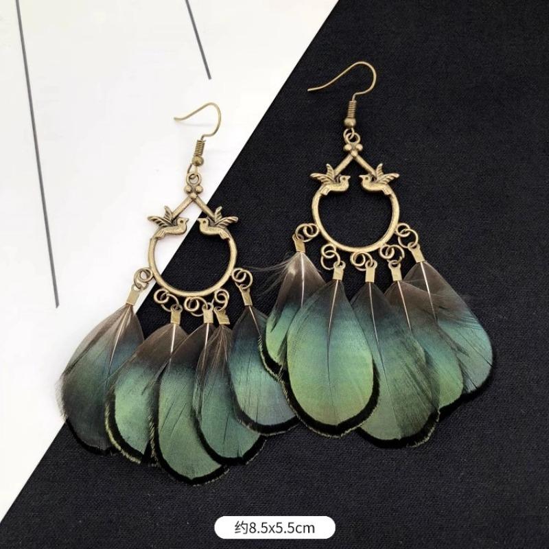 Retro Peacock Feather Fringed Earrings Women's Bohemian Fashion Elegant Temperament Versatile Long Earrings