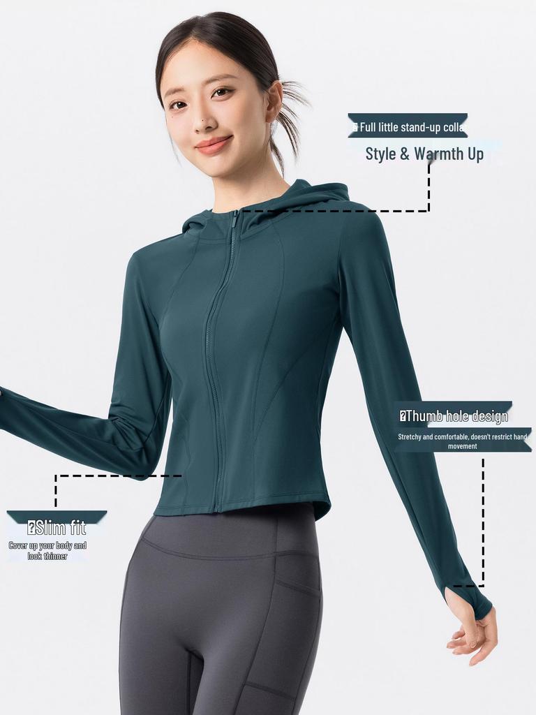 Women's Fleece-Lined Slim-Fit Sports Jacket - Warm Hooded Fitness Top for Outdoor Running & Yoga
