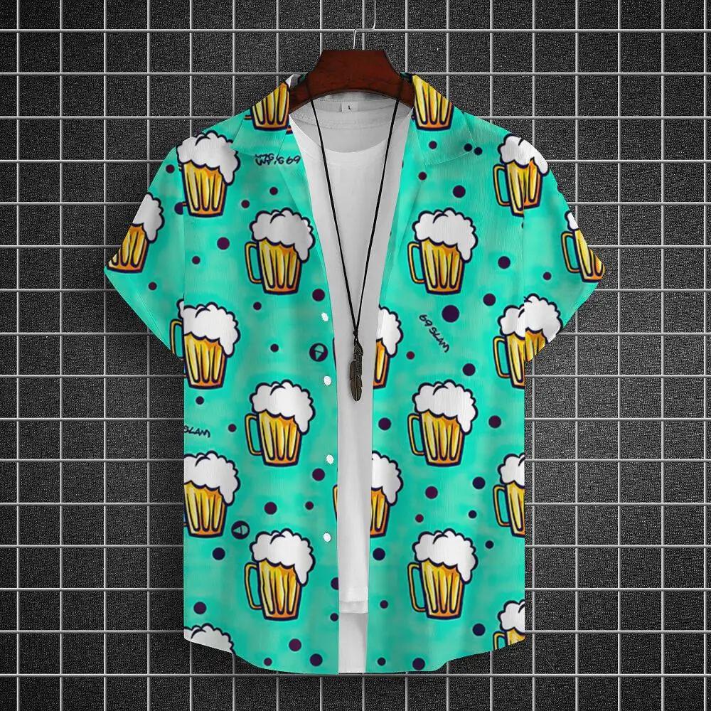 Men's Summer Short Sleeve Hawaiian Shirt Beach Holiday Print Shirt Top 100% Polyester Men's Beer Print Short Sleeve Shirt