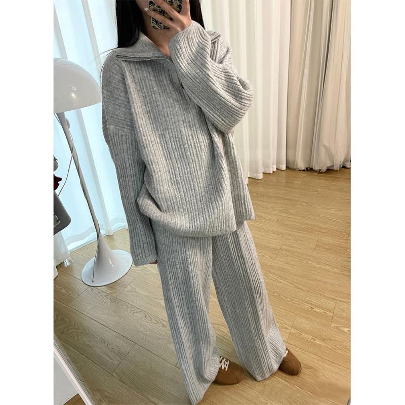 Lazy wind casual knitted sweater two-piece set autumn and winter high-end new wide-leg pants sweater set women