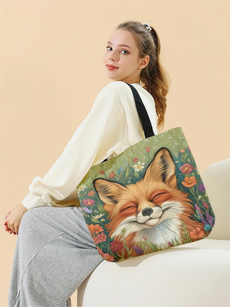 1pc,flower fox handbag, reusable fashionable handbag, multifunctional handbag, printed canvas shopping bag