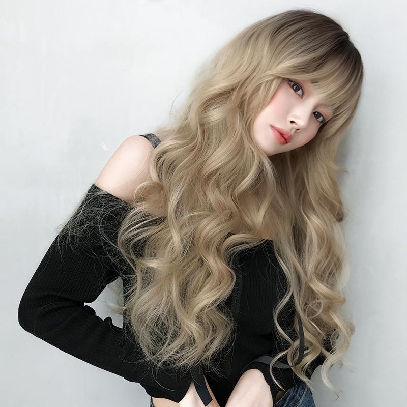 New Style Golden Long Curly Wig with Air Bangs - European and American Women's Design