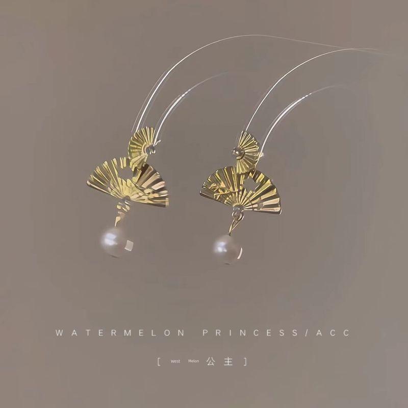 

Women s Ancient Style Cheongsam Han Dynasty Bridal Wedding Toast Earrings Paper drunk gold fan S925 silver needle pair