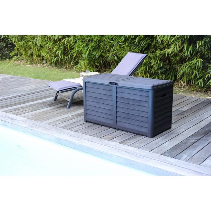 Coffre de jardin en Plastique - EDA - BAYA - 420 L - Décor imitation bois - 117,3 x 54,8 x H. 65,3 cm - Gris anthracite