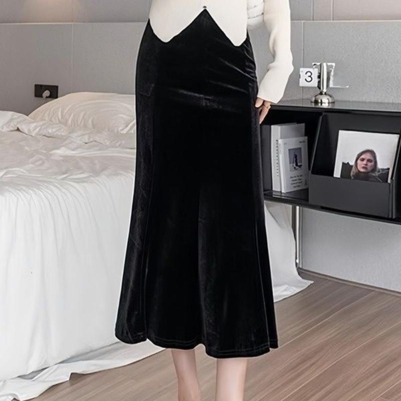 Samtrock Damen Herbst Koreanisch Bodycon Drapierung Hohe Taille Schlank Schwarz Meerjungfrau Rock