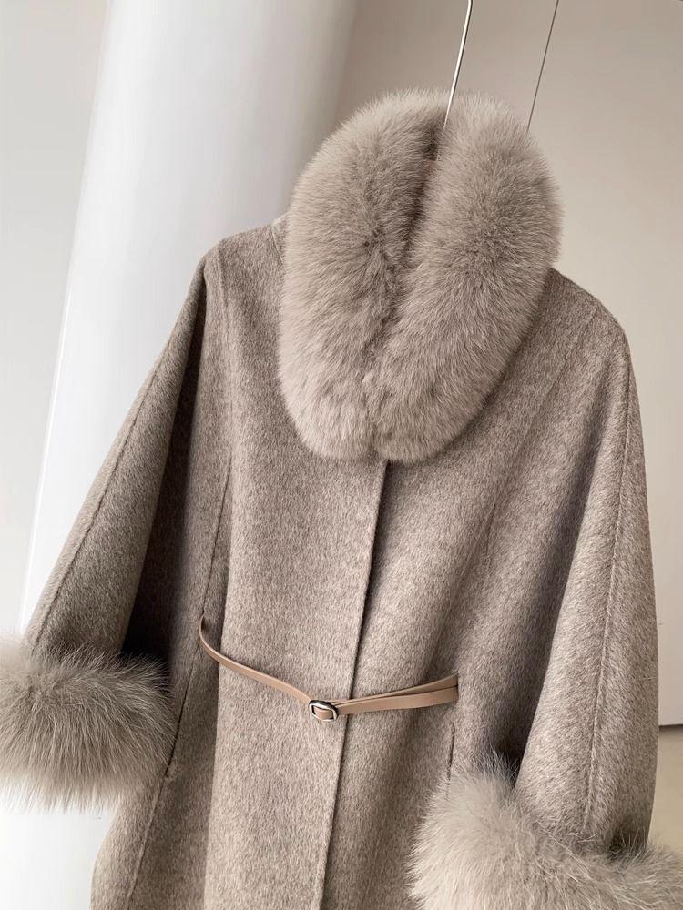 Cape Korean Shawl Wool Coat with Detachable Fur Collar - Women's Small, 2024 Autumn/Winter Fashion