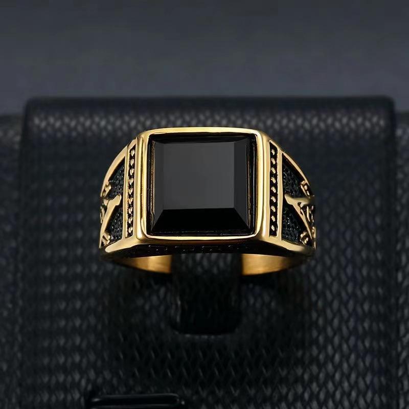 Ring classic retro ring color-preserving gold-plated black agate Masonic AG men's ring