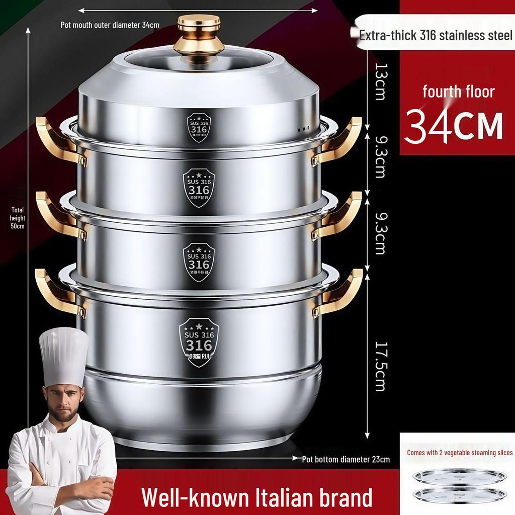 Großvolumiger Dampfkochtopf aus 316 Edelstahl mit 2/3/4 Einsätzen für Suppe, Mantou und Fisch