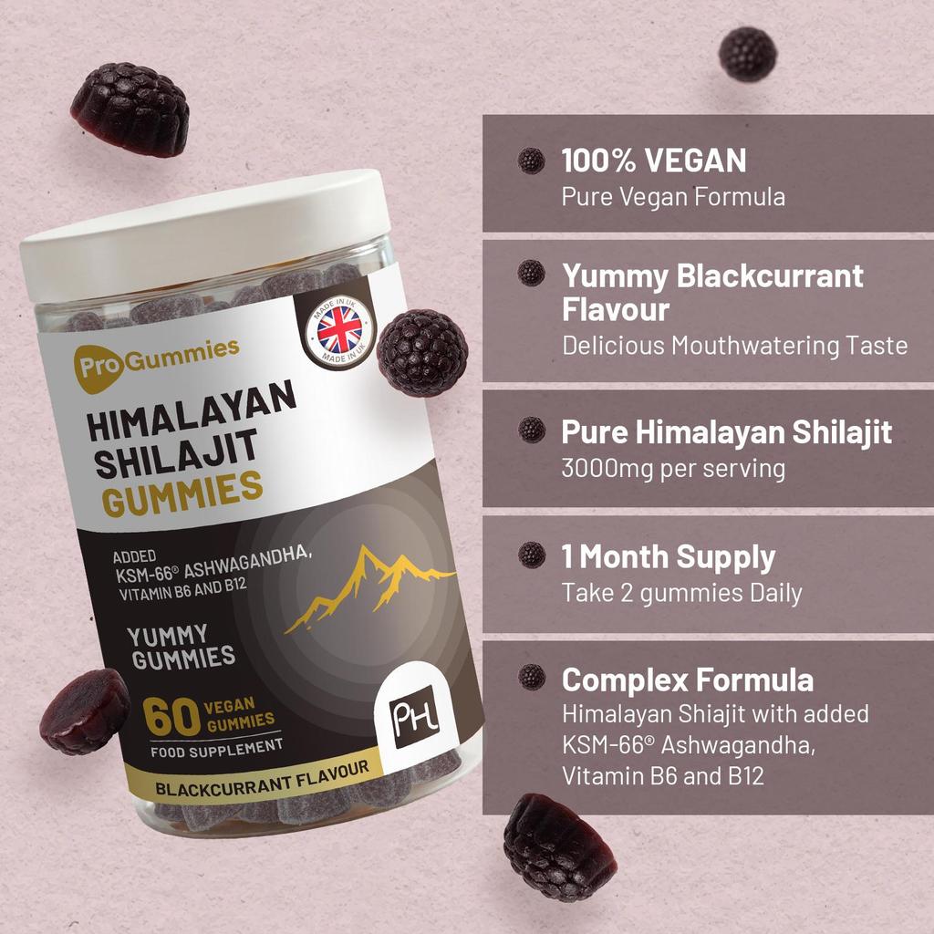 Gommose Shilajit Himalayano 3000 mg con Ashwagandha KSM-66, Vitamina B6 e B12 – 60 Gommose Vegane