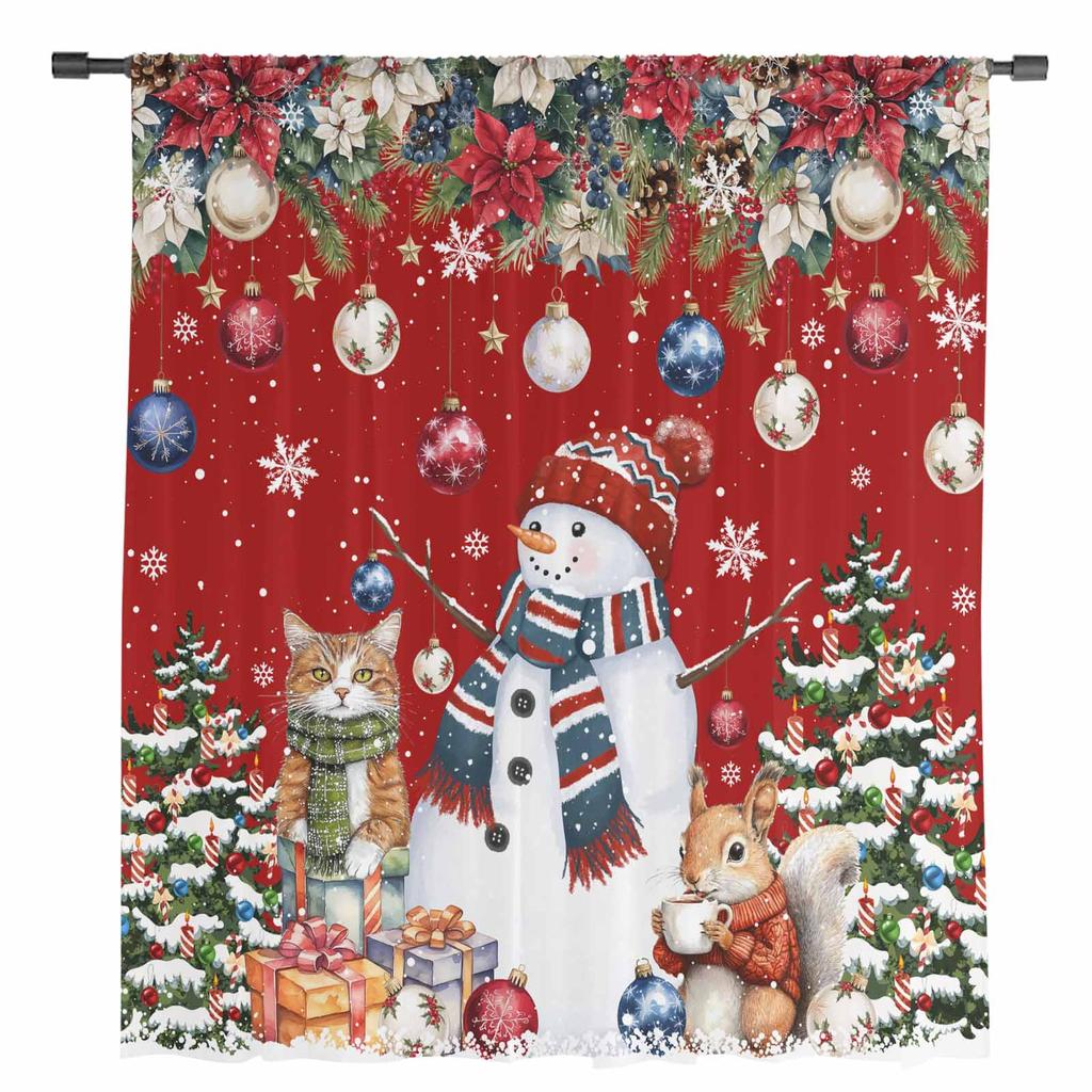 Christmas Tree Snowman Cat Squirrel Snowflake Ball Red Sheer Curtains Room Decor Window Curtain Kitchen Tulle Voile Curtains