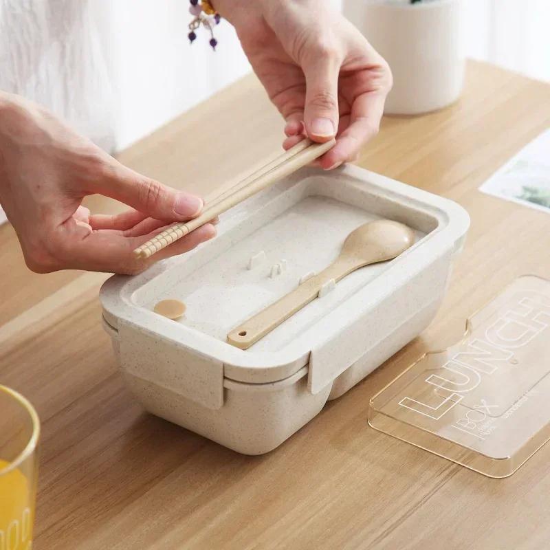 850/1100ml Wheat Straw Bento Box with Tableware Single Layer Compartment Seal Food Container Portable Office Worker Lunch Box