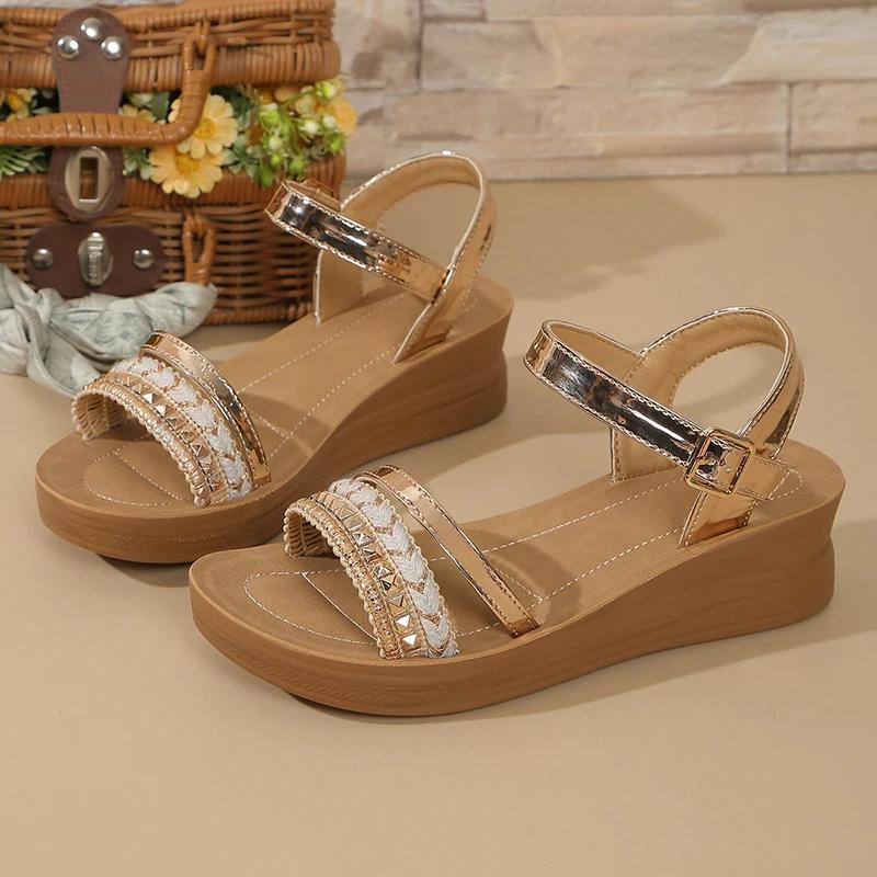 Fashion Fashion Gold Wedge Sandals Women 2025 Summer Non Slip Platform Sandles Woman Lightweight Ankle Buckle Sandalias Mujer Plus Size