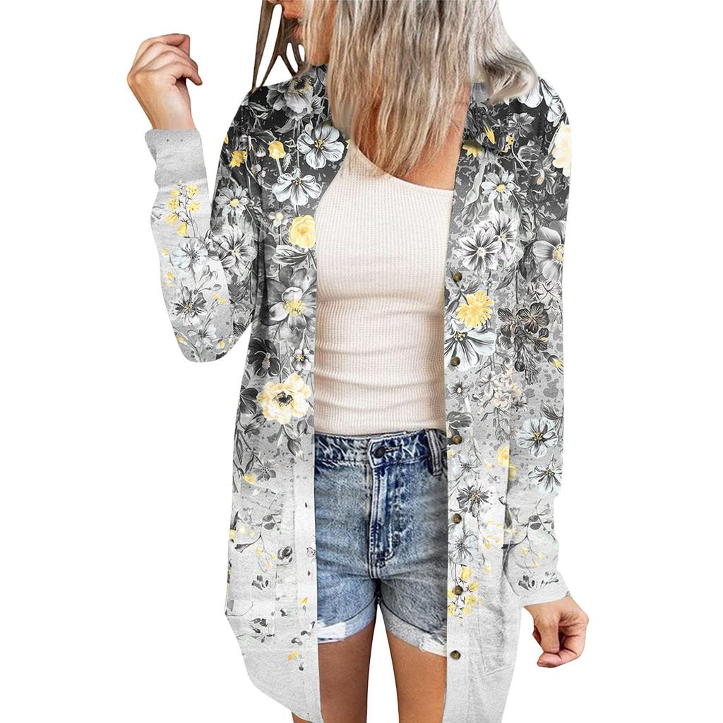Women's Casual Fashion Floral Print Long Sleeve Mid-Length Cardigan Jacket